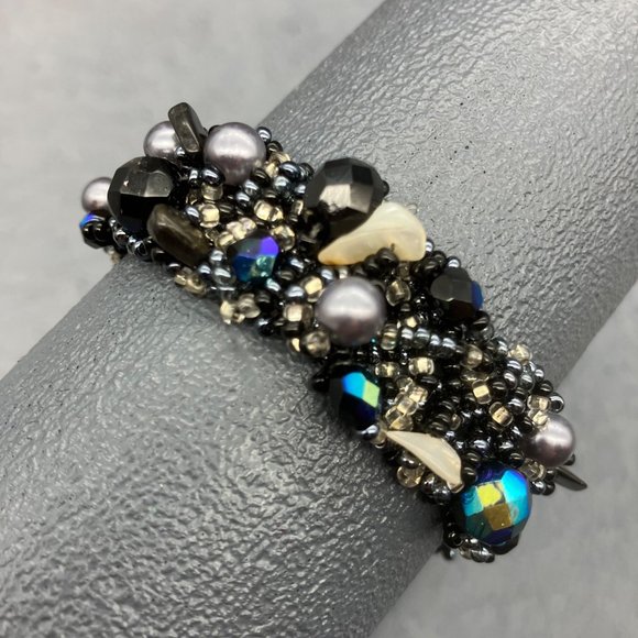 Hand Crafted Jewelry - Seed Bead Wrap Bracelet Blue Silver Grey White Pearl Stone Chip Iridescent Loop